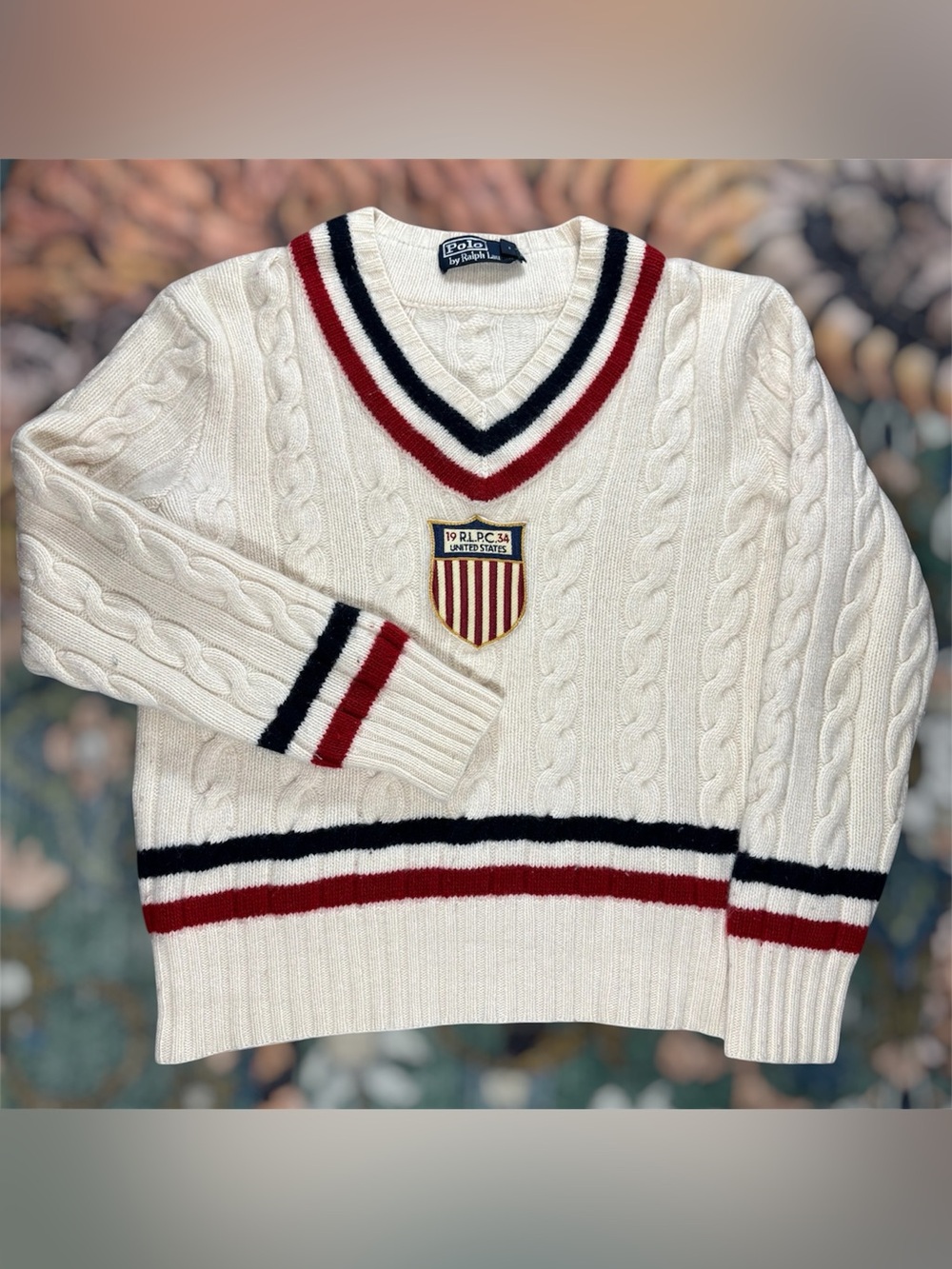 Vintage Polo Ralph Lauren Cricket Sweater Cable Knit USA Crest Wool Cashmere S